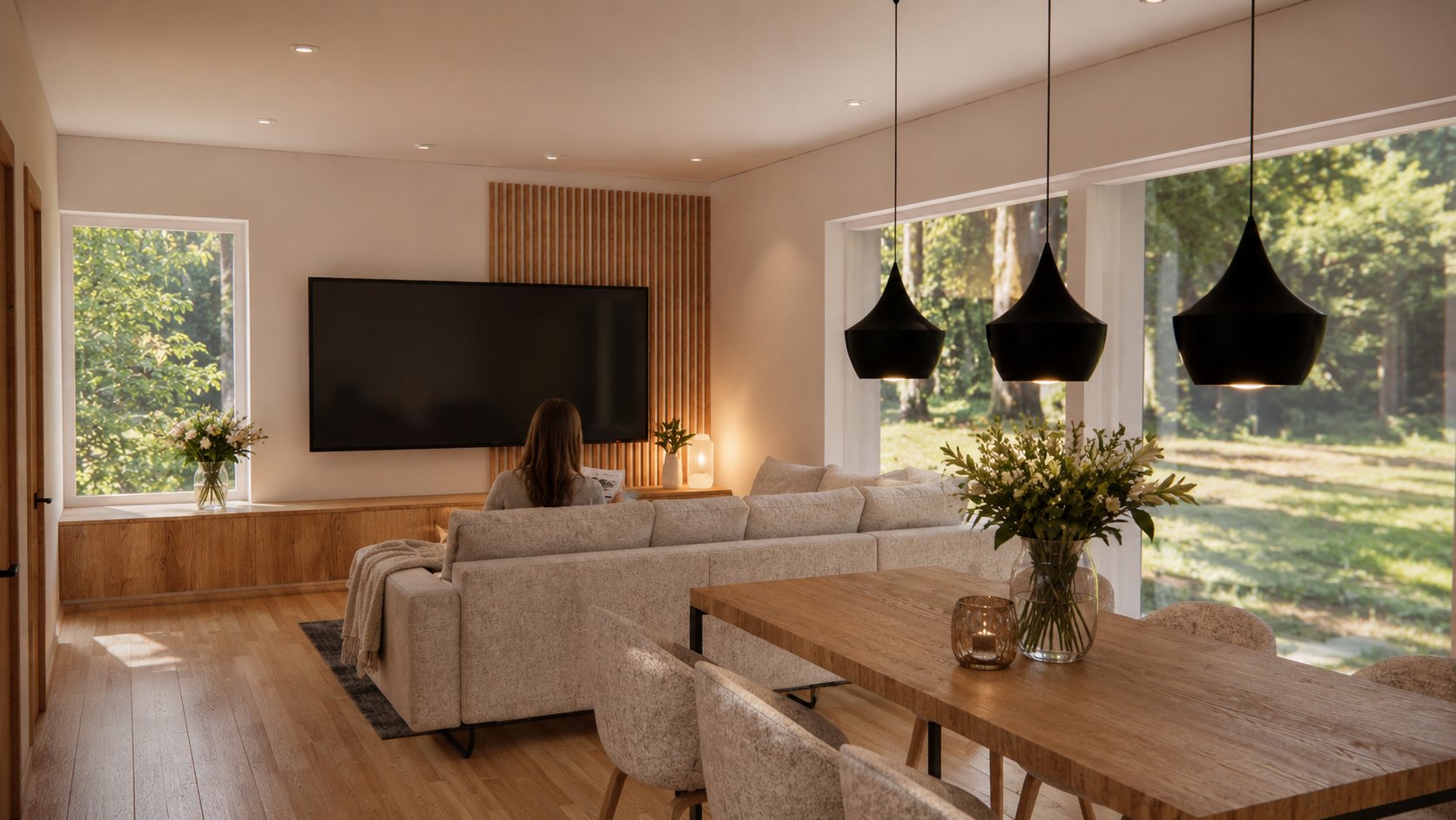 Modern family home &ndash; living room with wood stove and panoramic window
