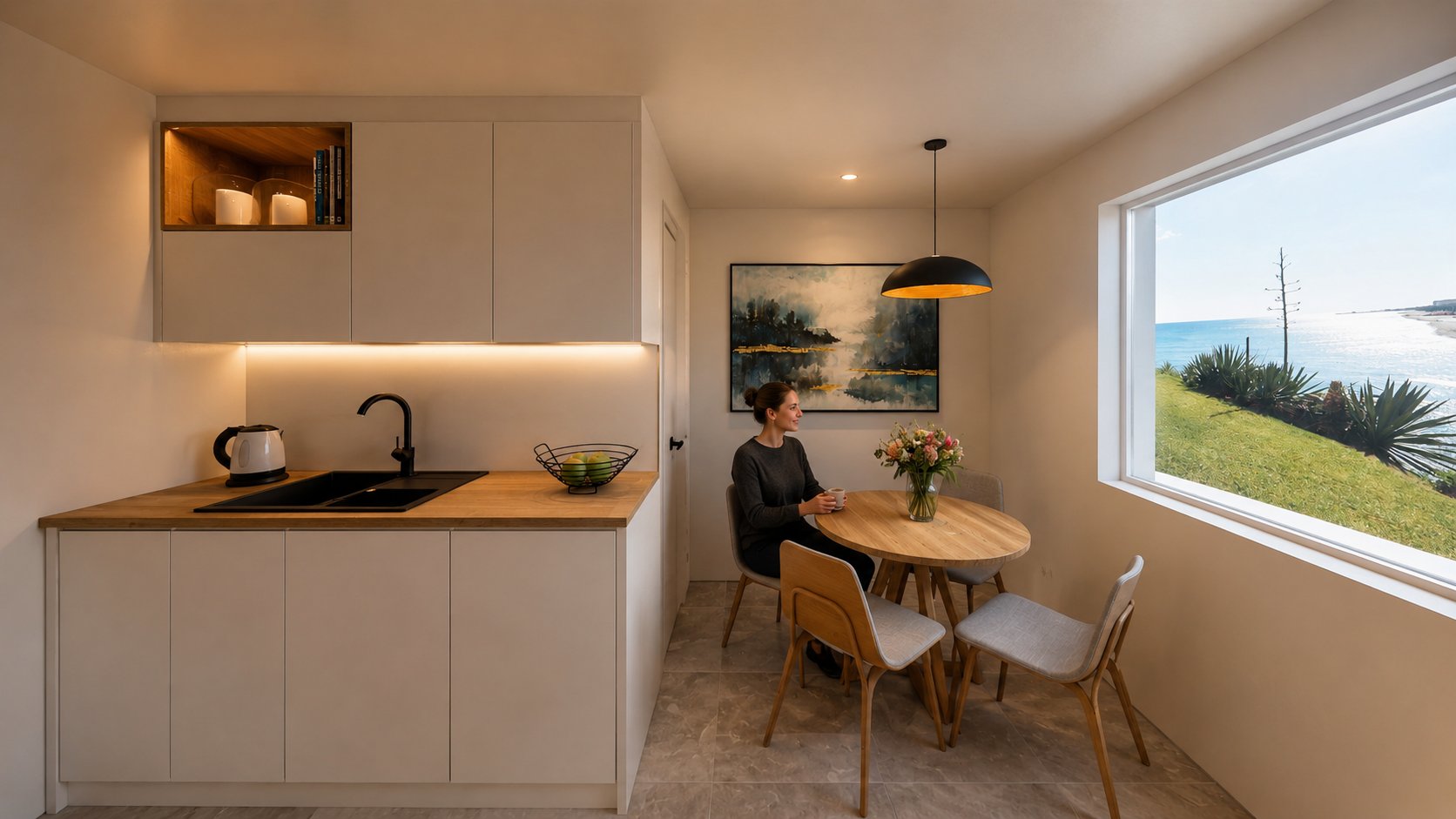 Apartment with sea view &ndash; white kitchen and dining