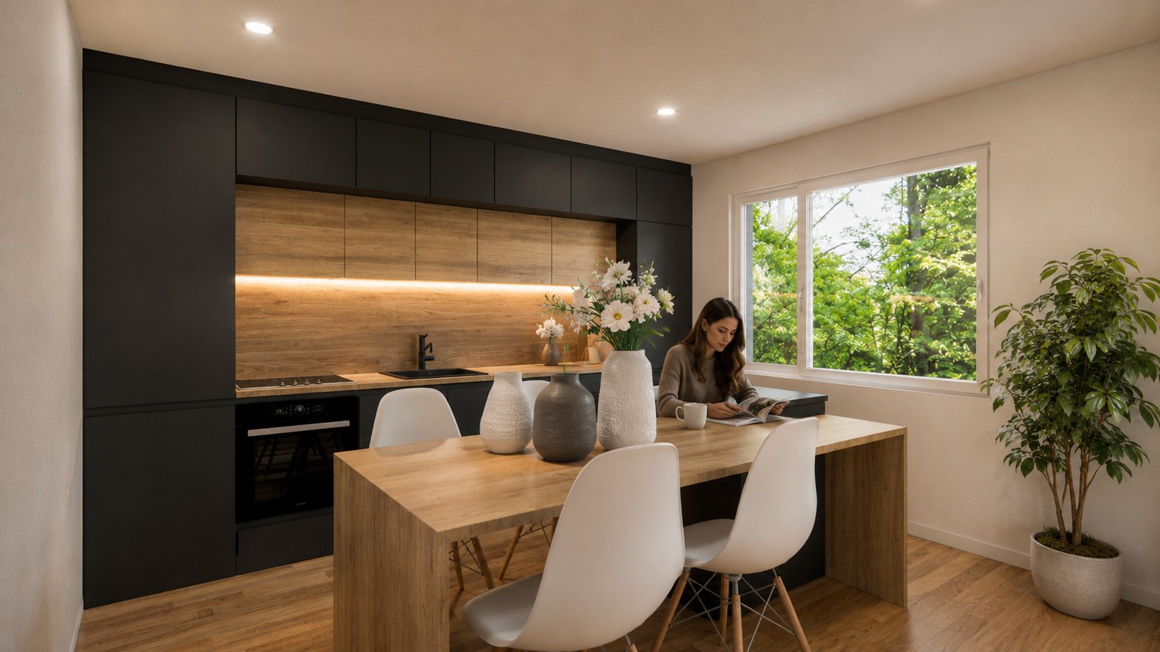 Kitchen with contrast of matt black cabinetry and natural oak