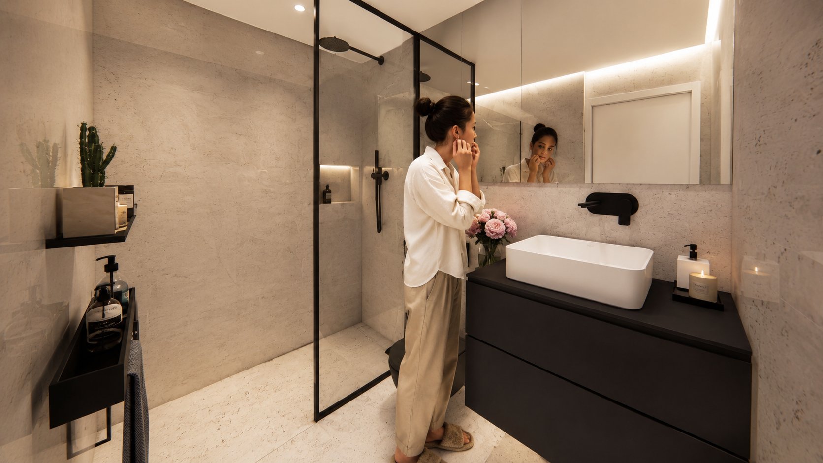 Marble bathroom with wood inserts